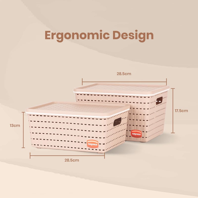 NAYASA Gloria 2 Pcs Set Basket | Medium 1 + Big 1 | Plastic Basket With Lid | Multipurpose Basket With Lid | Organizer Basket With Lid | Beige - Image 4