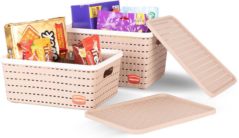 NAYASA Gloria 2 Pcs Set Basket | Medium 1 + Big 1 | Plastic Basket With Lid | Multipurpose Basket With Lid | Organizer Basket With Lid | Beige - Image 1