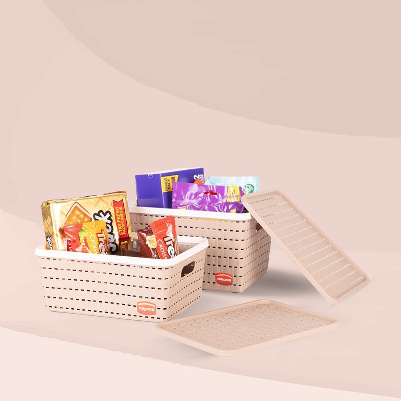 NAYASA Gloria 2 Pcs Set Basket | Medium 1 + Big 1 | Plastic Basket With Lid | Multipurpose Basket With Lid | Organizer Basket With Lid | Beige - Image 3