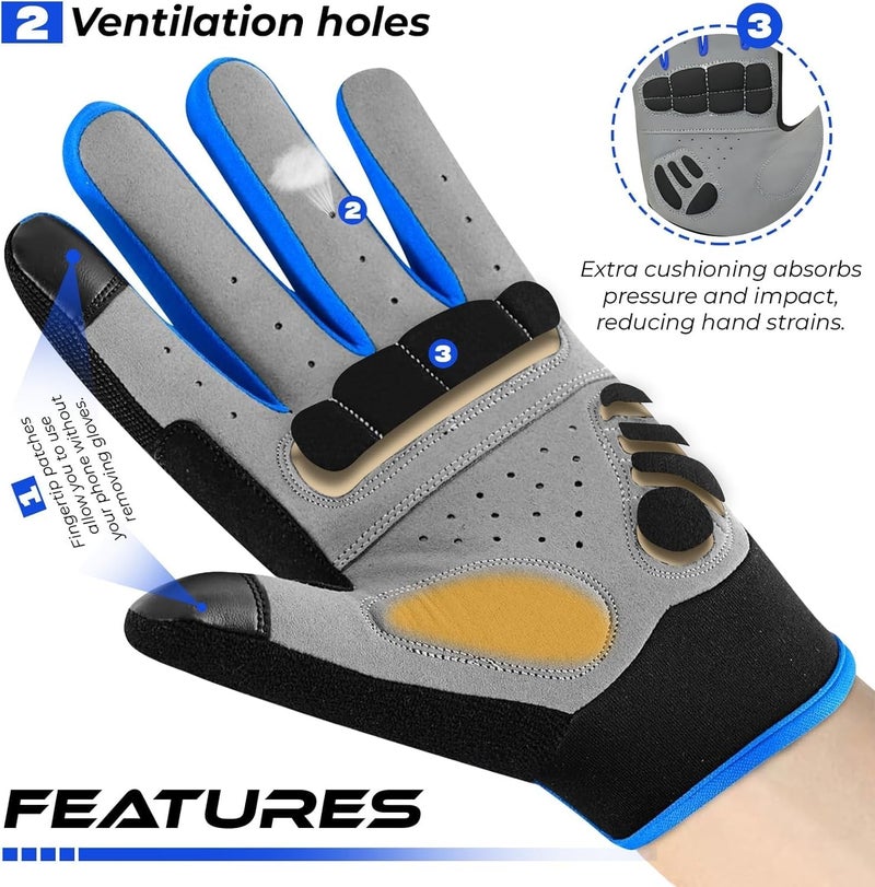 BEAST RAGE Full Finger Cycling Gloves with Padding for Men Women, Anti-Slip, Shock Absorbing, Breathable, Touchscreen Mountain Bike Gloves for BMX, MTB Riding, Road Racing, Bicycle (Blue, M) - Image 2
