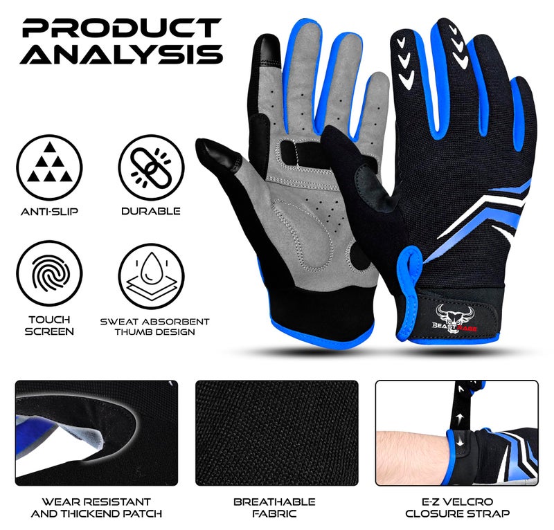 BEAST RAGE Full Finger Cycling Gloves with Padding for Men Women, Anti-Slip, Shock Absorbing, Breathable, Touchscreen Mountain Bike Gloves for BMX, MTB Riding, Road Racing, Bicycle (Blue, M) - Image 4