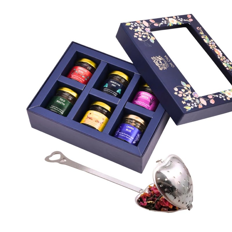 OH CHA - صندوق هدايا شاي متنوع مع مصفاة شاي | مجموعة هدايا شاي مع 6 نكهات ومصفاة شاي من الفولاذ المقاوم للصدأ | علبة هدايا شاي صحية غريبة | هدية زفاف | هدية ذكرى | هدية عيد ميلاد - Image 2