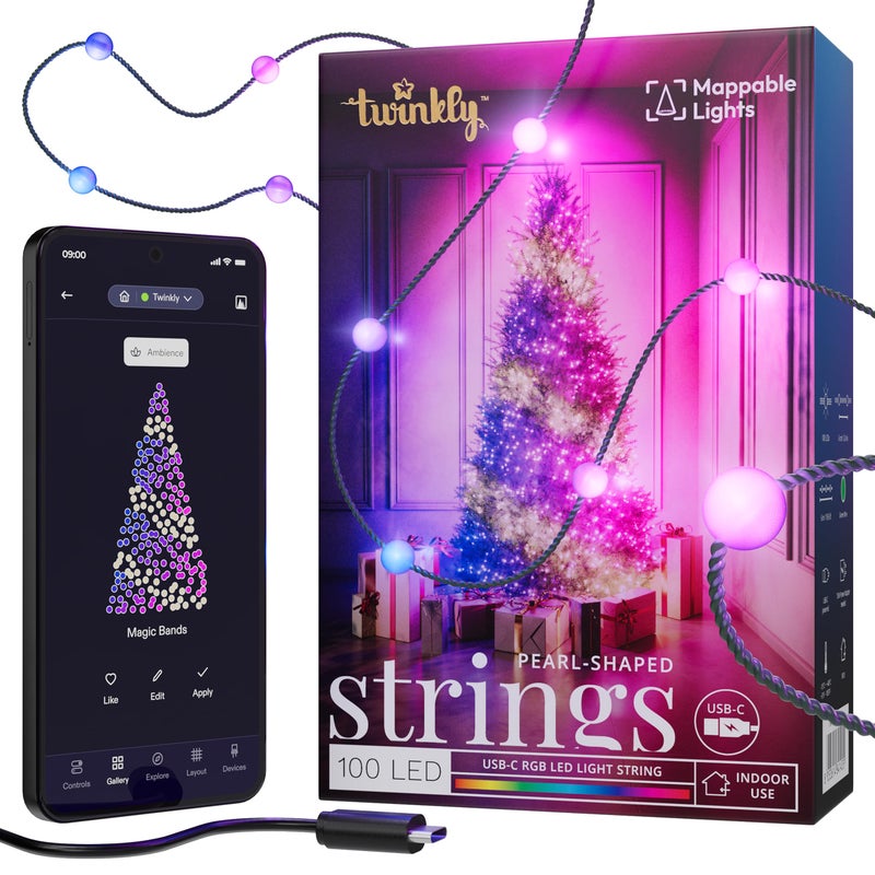 Twinkly Strings USB-C Pearl-Shaped Light String with 100 RGB LEDs. 20 Feet. Green Wire. App-Controlled. USB-C-Powered. Indoor Smart Home Lighting Decoration - Image 1