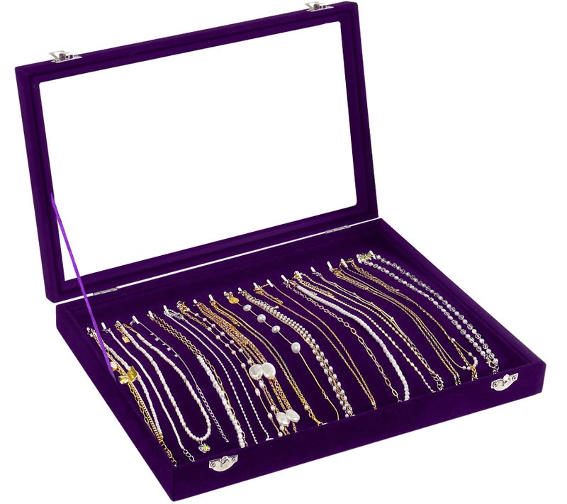 Jenseits Necklace Holder Jewelry Organizer Box Dustproof Velvet Necklace Tray Jewelry Display With Clear Lid Preppy Jewelry Holder Long Necklaces Pendants Organizer Gifts For Women Girls Purple