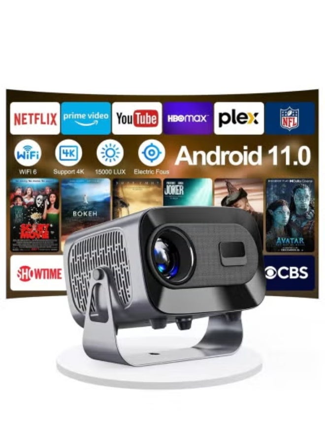 Premium Mini Smart Projector – 4K Supported, 15000 Lumens, Android 11.0 Portable Projector with WiFi 6 & Bluetooth 5.0, Electric Focus, 360° Angle Adjustment, Home Theater & Streaming Projector – Black