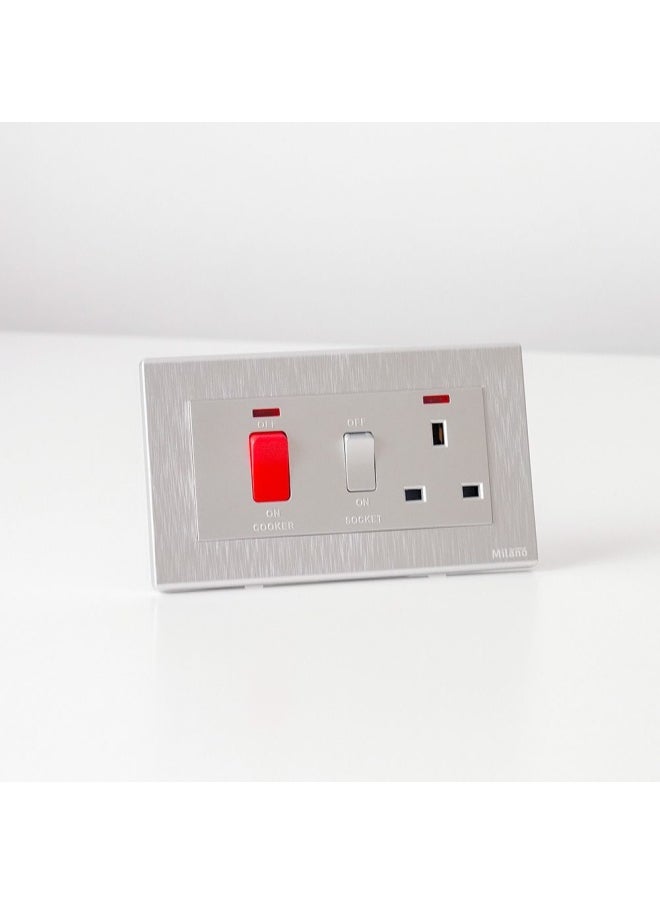 DANUBE HOME - Milano Cooker Unit Aura Wall Mounted Cooker Outlet Switch With On And Off For Modern Home Slvr - Image 1