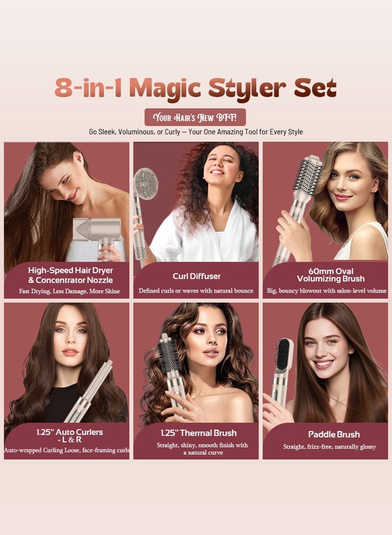 8-in-1 Hair Dryer Brush Set Dual Voltage Hot Air Styler – Fast-Drying 110,000 RPM Ionic Blow Dryer with Straightener & Curler Attachments, Frizz-Free Volumizing Styler - Image 2