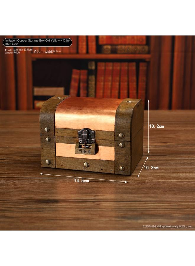Bluejw Vintage Square Imitation Copper Wooden Storage Box Desktop Sundries Small Objects Storage Box Chamber Escape Props Jewelry Box - Image 1