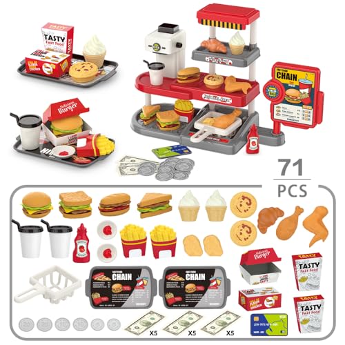 yoliyogo Pretend Play Fast Food Store Toy with Realistic Coffee Machine Card Reader Food Shop Playset with Simulate Hamburger Chips Sandwich etc Play Money Checkout Game for Kids - Image 5