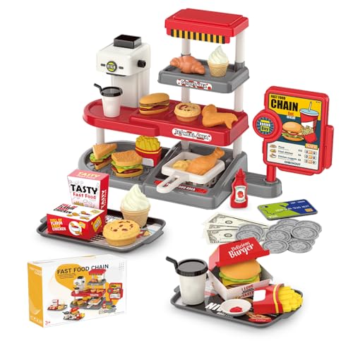 yoliyogo Pretend Play Fast Food Store Toy with Realistic Coffee Machine Card Reader Food Shop Playset with Simulate Hamburger Chips Sandwich etc Play Money Checkout Game for Kids - Image 1