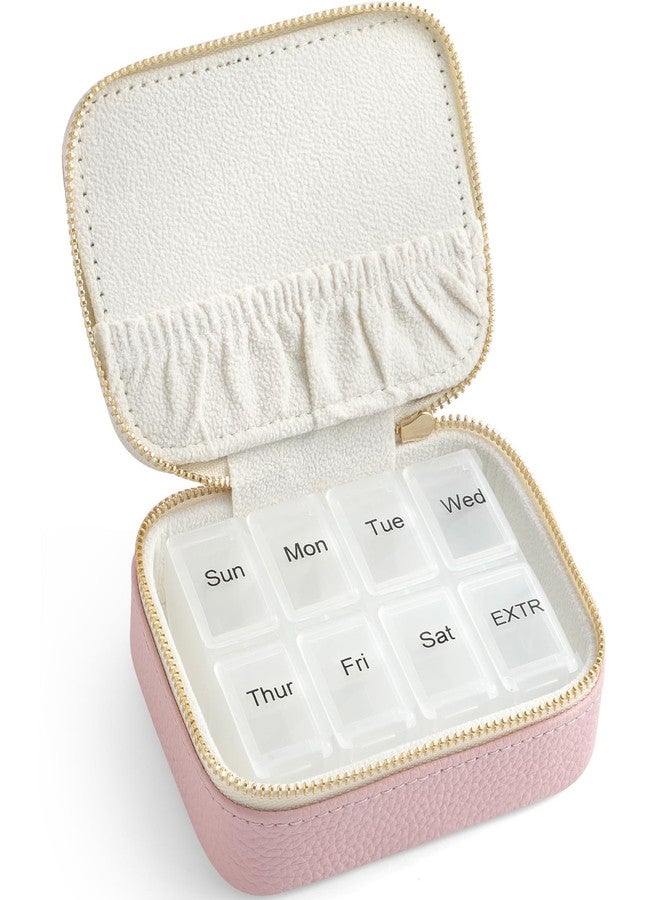 NGVRC Genuine Leather Travel Pill Organizer Box Case 1 Times a Day for Purse for Women, Cute Medicine Pill Holder Containers for Vitamin Small Weekly Daily 7 Day Am Pm Pill Organizer(Pink) - Image 1