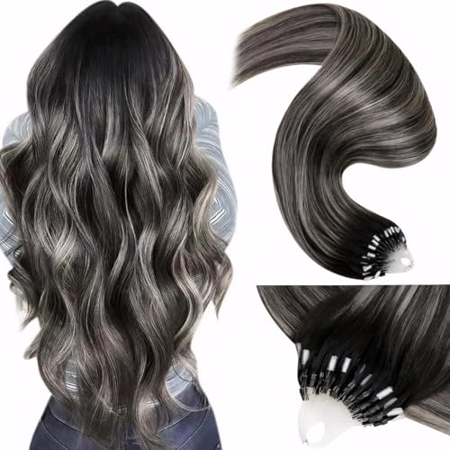 LaaVoo Microlink Hair Extensions Human Hair Ombre Black Microbead Hair Extensions Human Hair Off Black Balayage Grey Silver Micro Loop Hair Exrensions 14 inch 50g 50s - Image 1