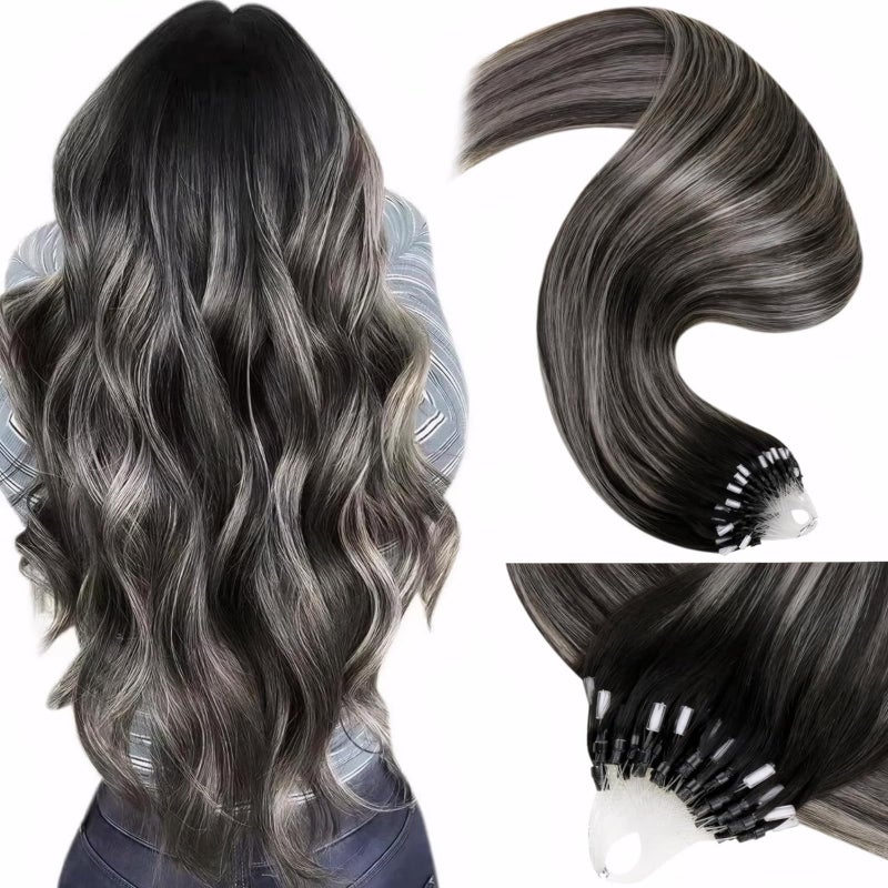 LaaVoo Microlink Hair Extensions Human Hair Ombre Black Microbead Hair Extensions Human Hair Off Black Balayage Grey Silver Micro Loop Hair Exrensions 14 inch 50g 50s - Image 3