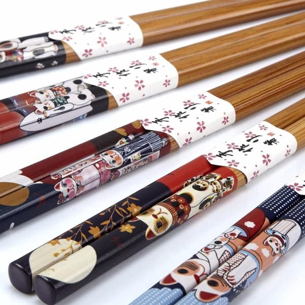 RIANZ 1 Pair Cute Lucky Cat Cartoon Print Natural Round Bamboo Reusable Japanese Sushi Chopsticks Style 4 - Image 2