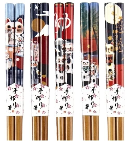 RIANZ 1 Pair Cute Lucky Cat Cartoon Print Natural Round Bamboo Reusable Japanese Sushi Chopsticks Style 4 - Image 4