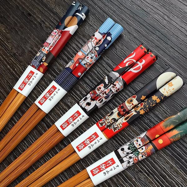 RIANZ 1 Pair Cute Lucky Cat Cartoon Print Natural Round Bamboo Reusable Japanese Sushi Chopsticks Style 4 - Image 5