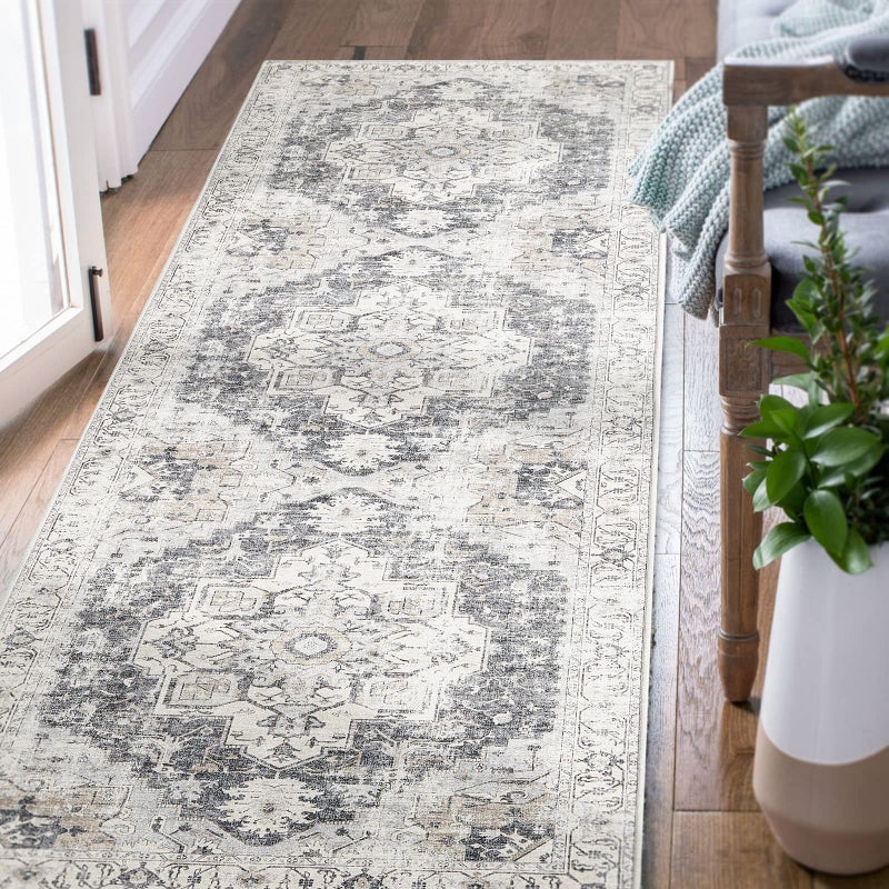 jinchan jinchan Runner Rug 2x5 Hallway Rug Kitchen Washable Runner Rug Vintage Rug Retro Print Low Pile Thin Rug Non-Slip Accent Rug Distressed Carpet for Entryway Bathroom Bedroom Laundry Room Grey  - Image 1