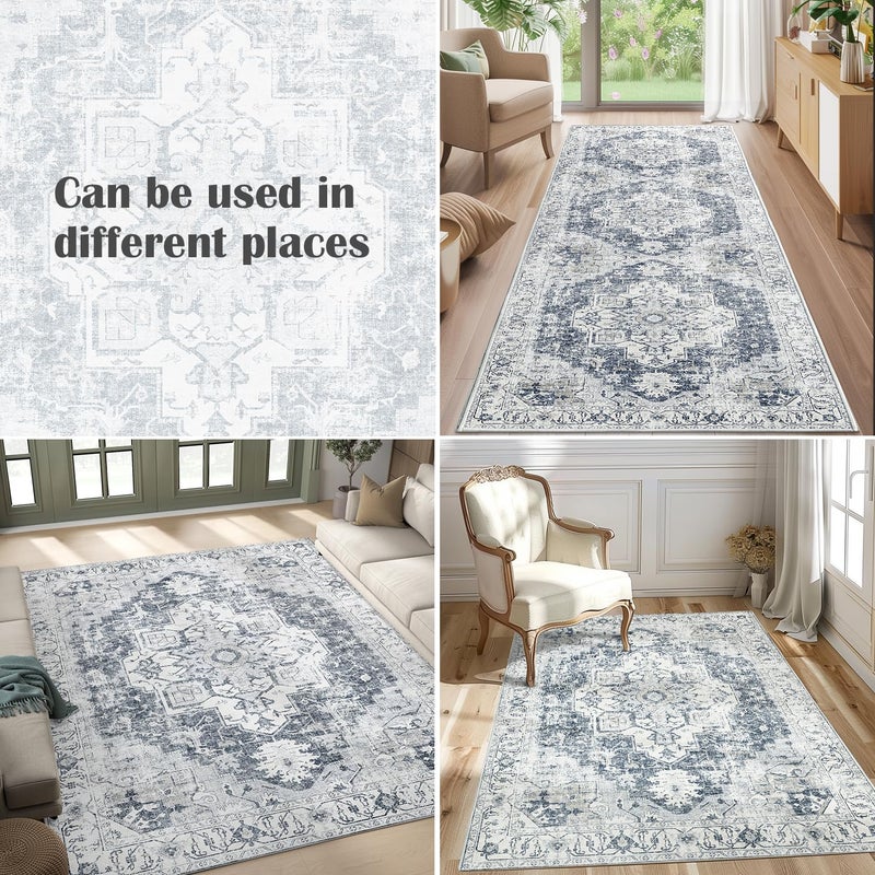 jinchan jinchan Runner Rug 2x5 Hallway Rug Kitchen Washable Runner Rug Vintage Rug Retro Print Low Pile Thin Rug Non-Slip Accent Rug Distressed Carpet for Entryway Bathroom Bedroom Laundry Room Grey  - Image 4
