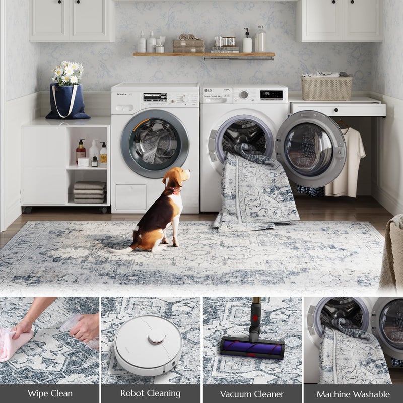 jinchan jinchan Runner Rug 2x5 Hallway Rug Kitchen Washable Runner Rug Vintage Rug Retro Print Low Pile Thin Rug Non-Slip Accent Rug Distressed Carpet for Entryway Bathroom Bedroom Laundry Room Grey  - Image 5