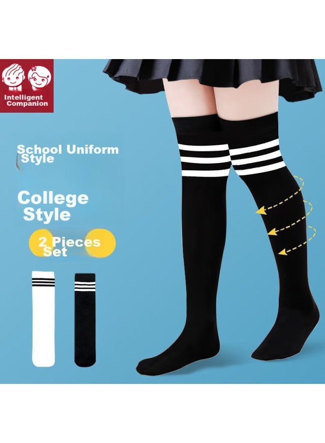 Smart Friends Zhiyou Children's Socks, Summer Thin High Tube Socks, Girls' Over-knee Mid-calf Socks, Baby Silk Socks, Long Tube Socks, White + Black, M - Image 1
