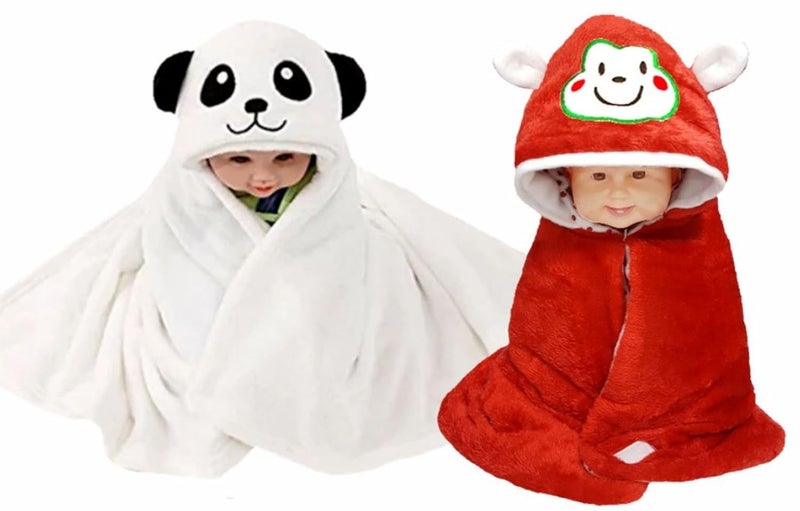 Brandonn BRANDONN Newborn Combo of Furry Glacier Hooded Smily Baby Blanket and Premium Glacier Hooded Baby Wrapper(Pack of 2, Pink n White-Red) - Image 1