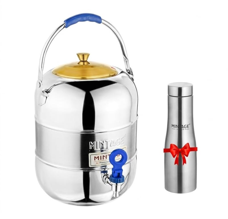 Mintage Combo Set (Water Container 12.5 Liters + Water Bottle 1 Liters) Stainless Steel Dispenser Pot | Storage Matka | Home Office Travel | Sleek Durable | Reusable Flask Elegant Insulated - Image 1
