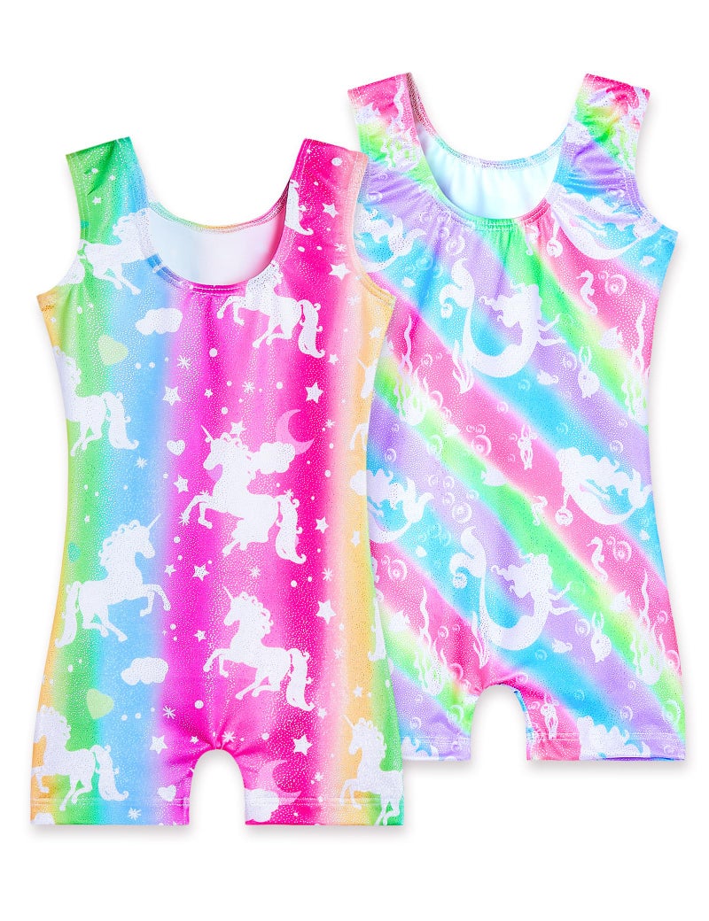 Nokecina Leotard for Girls Gymnastics Shiny Unicorn Biketards with Shorts Size 6-7 Years Old 2 Pack One Piece Unitards - Image 2