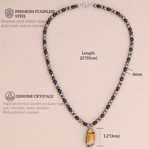 GAVU Triple Protection Necklace for Men, Men's Beaded Necklace for Men Tiger Eye Necklace for Men - Image 3