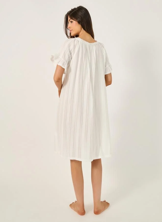 Styli Cotton Stripe Jacquard and Lace Trim Ruffle Sleeve Nightdress