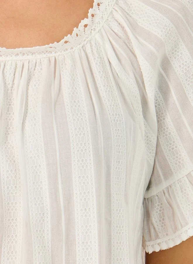 Styli Cotton Stripe Jacquard and Lace Trim Ruffle Sleeve Nightdress