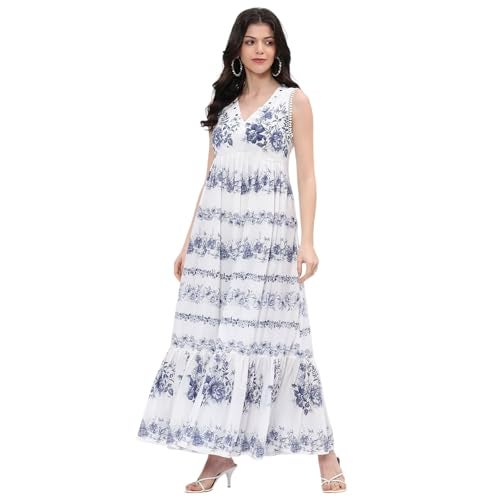 BIBA Women Off-White-Blue Cotton Tiered Printed Dress_34 - Image 2