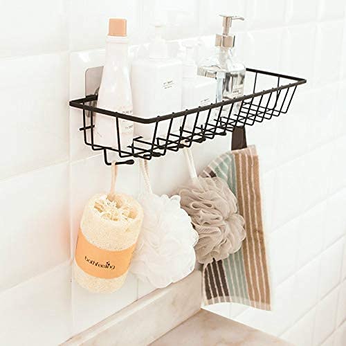 RASIKVAR Rasikvar GI Metal SelfAdhesive Bathroom Shelf with HooksTowel HolderRackWall Mount Bathroom Accessories Pack of 1 Black Powder Coated  - Image 1