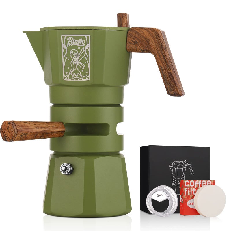 صانعة الإسبريسو على الموقد من بينكو 120 مل مع صمام مزدوج ومؤشر حراري لمنع الاستخراج الزائد، وعاء موكا إيطالي مع موزع مسحوق وورق فلتر للاستخدام المنزلي باللون الأخضر