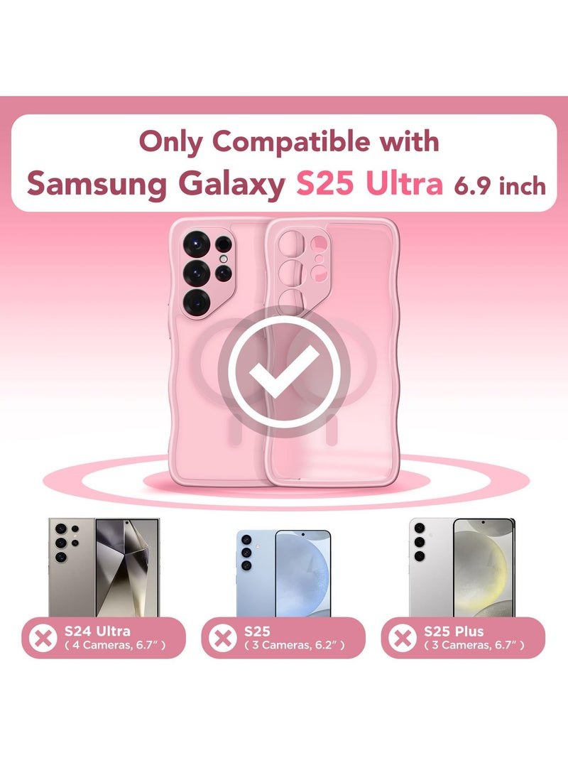 جراب لهاتف Samsung Galaxy S25 Ultra للنساء والفتيات، مُحسّن [حماية كاملة للكاميرا] [متوافق مع MagSafe] جراب هاتف شفاف غير لامع لطيف مموج لهاتف Samsung S25 Ultra، وردي خوخي