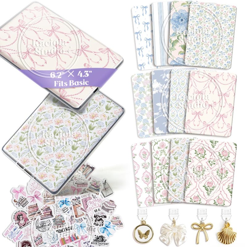 Kaciola 12PCS Inserts Cardstock and 4PCS Charms for E-reader with 50PCS Stickers for Insert, 6.2"x4.3" Vintage Flower Theme Back Cover Accessories for E-Reader Basic, Gifts for Booklovers - Image 1
