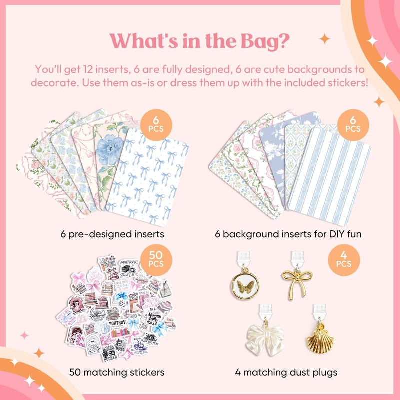 Kaciola 12PCS Inserts Cardstock and 4PCS Charms for E-reader with 50PCS Stickers for Insert, 6.2"x4.3" Vintage Flower Theme Back Cover Accessories for E-Reader Basic, Gifts for Booklovers - Image 3
