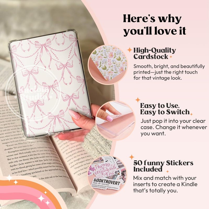 Kaciola 12PCS Inserts Cardstock and 4PCS Charms for E-reader with 50PCS Stickers for Insert, 6.2"x4.3" Vintage Flower Theme Back Cover Accessories for E-Reader Basic, Gifts for Booklovers - Image 4