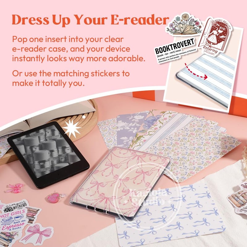 Kaciola 12PCS Inserts Cardstock and 4PCS Charms for E-reader with 50PCS Stickers for Insert, 6.2"x4.3" Vintage Flower Theme Back Cover Accessories for E-Reader Basic, Gifts for Booklovers - Image 2