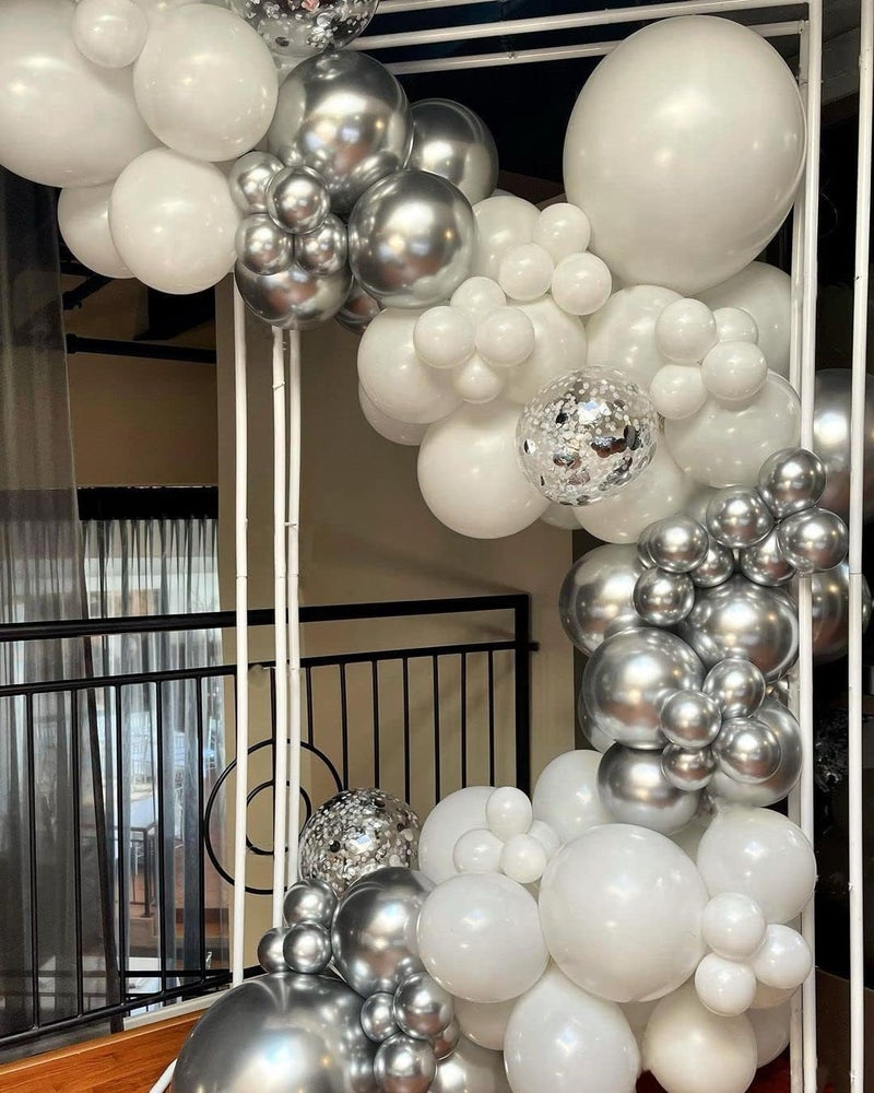 ADOINBY White and Silver Balloon Arch Kit, 140Pcs White Metallic Silver and Silver Confetti Party Balloon Garland Kit for Birthday, Wedding, Engagements, Baby Shower, Anniversary Party Decorations - Image 5