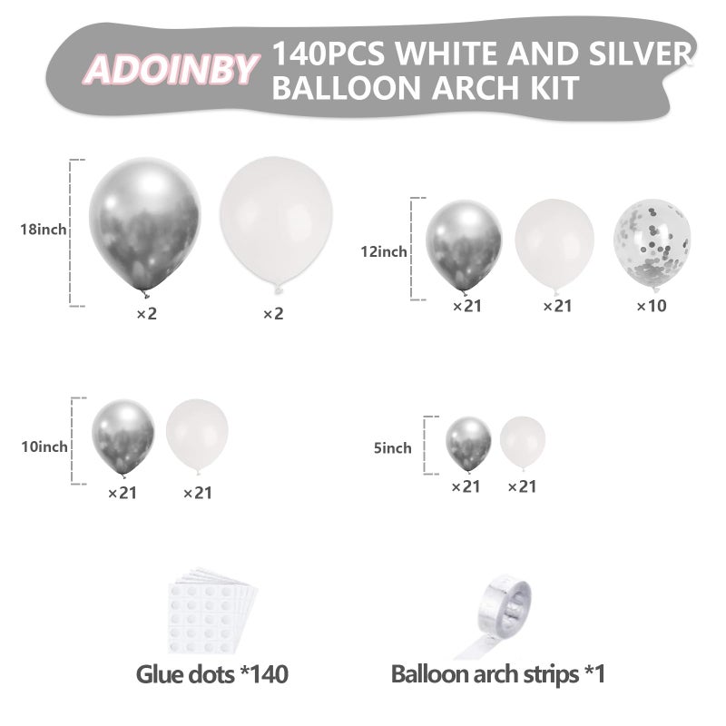 ADOINBY White and Silver Balloon Arch Kit, 140Pcs White Metallic Silver and Silver Confetti Party Balloon Garland Kit for Birthday, Wedding, Engagements, Baby Shower, Anniversary Party Decorations - Image 2