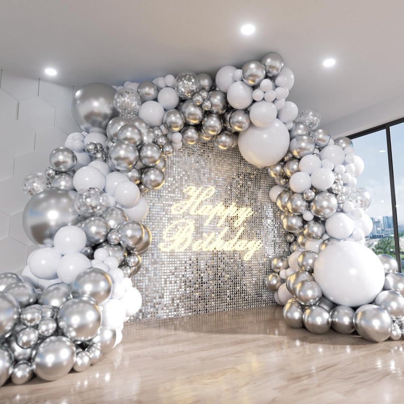 ADOINBY White and Silver Balloon Arch Kit, 140Pcs White Metallic Silver and Silver Confetti Party Balloon Garland Kit for Birthday, Wedding, Engagements, Baby Shower, Anniversary Party Decorations - Image 1
