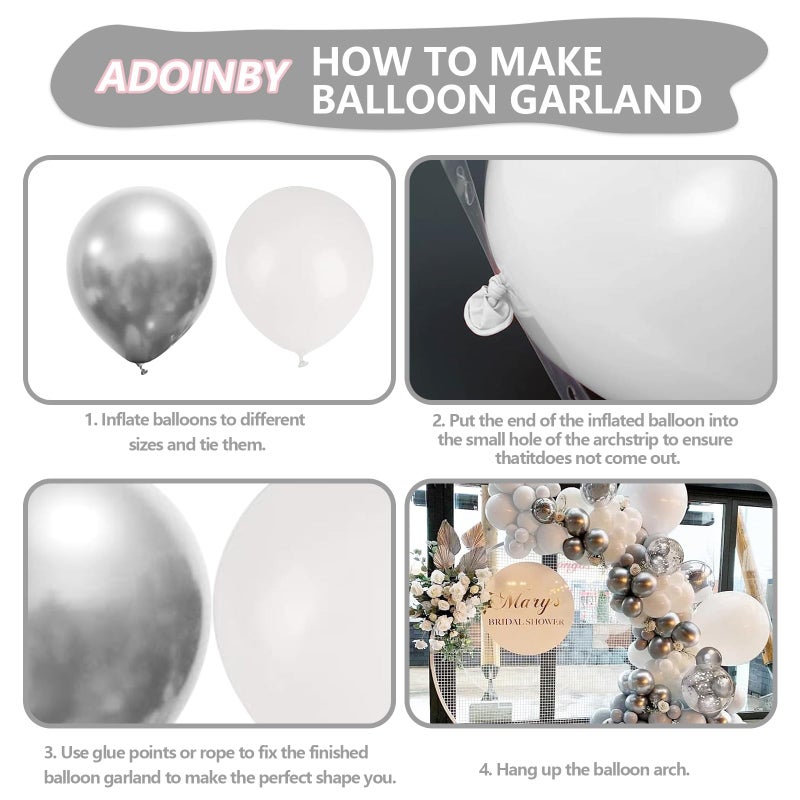 ADOINBY White and Silver Balloon Arch Kit, 140Pcs White Metallic Silver and Silver Confetti Party Balloon Garland Kit for Birthday, Wedding, Engagements, Baby Shower, Anniversary Party Decorations - Image 3