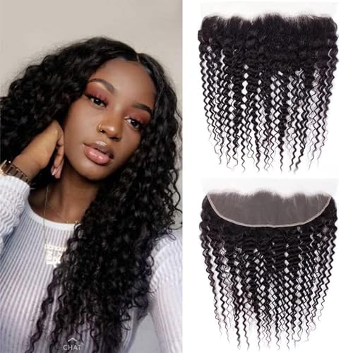 ROYAL IMPRESSION Deep Wave Lace Frontal Closure 13x4 Ear to Ear 100 Unprocessed Brazilian Virgin Deep Curly Human Hair Swiss Lace Frontal Closure Bleached Knots 180 Density Pre Plucked With Baby Hair 12 Inch - Image 1