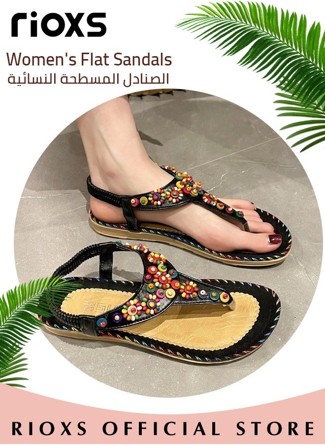RIOXS Flat Sandals For Women Bohemian Beaded Sandals Women's Fashion Ankle Strap Beach Sandal Slip-on Flats Shoes For Ladies Vacation Shopping Walking Daily Wear  - Image 5