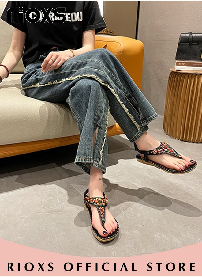 RIOXS Flat Sandals For Women Bohemian Beaded Sandals Women's Fashion Ankle Strap Beach Sandal Slip-on Flats Shoes For Ladies Vacation Shopping Walking Daily Wear  - Image 4