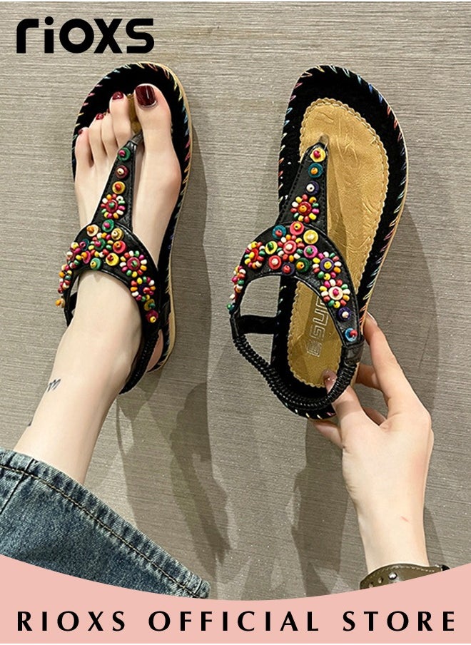 RIOXS Flat Sandals For Women Bohemian Beaded Sandals Women's Fashion Ankle Strap Beach Sandal Slip-on Flats Shoes For Ladies Vacation Shopping Walking Daily Wear  - Image 3