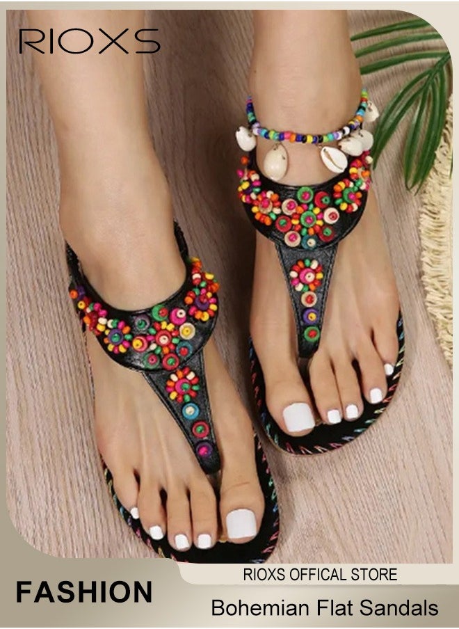 RIOXS Flat Sandals For Women Bohemian Beaded Sandals Women's Fashion Ankle Strap Beach Sandal Slip-on Flats Shoes For Ladies Vacation Shopping Walking Daily Wear  - Image 1