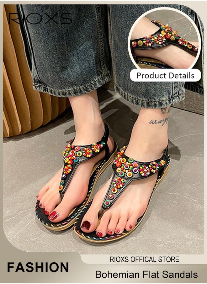 RIOXS Flat Sandals For Women Bohemian Beaded Sandals Women's Fashion Ankle Strap Beach Sandal Slip-on Flats Shoes For Ladies Vacation Shopping Walking Daily Wear  - Image 2