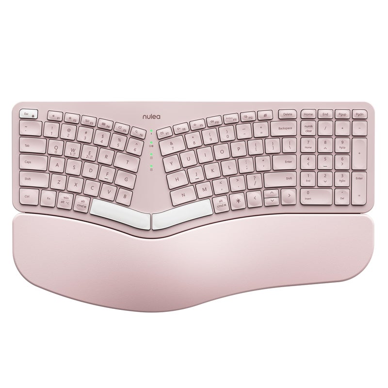 Nulea RT05 Wireless Ergonomic Keyboard Split Keyboard with Wrist Rest USBC Charging 7Color Backlight Natural Typing Bluetooth and USB Connectivity Compatible with WindowsMacPink