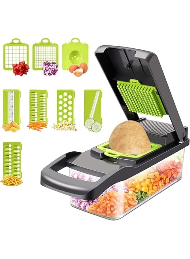 LOISTE 12 in 1 Vegetable Chopper - Multifunctional Vegetable Slicer with Top Handle, Drain Basket, Egg Separator & 8 Versatile Blades - Manual Veggie/Onion/Salad Dicer for Kitchen - Image 1